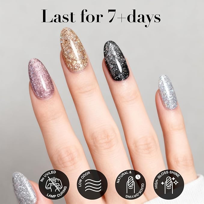 AZUREBEAUTY Nail Polish Set, 4 Colors Dazzling Gold Silver Pink Quick Dry Natural Nail with Top Coat,Professional for Nail Art DIY Manicure and Pedicure at Home