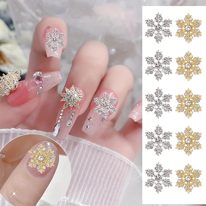 20Pcs Christmas Snowflake Nail Charms and Gems Gold Silver Alloy Snowflake Xmas Nail Art Charms Rhinestone Jewelry for Women DIY Winter Christmas Holiday Party Nail Decoration Supply