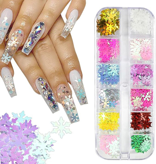 12 Colors Christmas Nail Art Glitters Snowflakes Nail Sequins 3D Nail Art Decals Holographic Laser Nail Flakes Stickers Acrylic Nails Design Glitter Xmas Nail Art Supplies Decorations