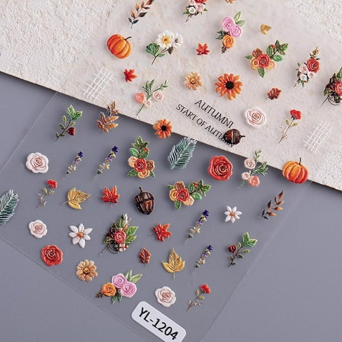 Fall Nail Art Stickers Decals 5D Embossed Maple Leaf Nail Decals Autumn Nails Stickers Pumpkin Colorful Flower Pine Cones Autumn Nail Supplies for Women Thanksgiving Day Acrylic Manicure Decoration