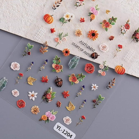 Fall Nail Art Stickers Decals 5D Embossed Maple Leaf Nail Decals Autumn Nails Stickers Pumpkin Colorful Flower Pine Cones Autumn Nail Supplies for Women Thanksgiving Day Acrylic Manicure Decoration