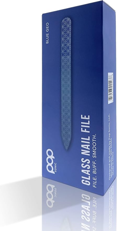 Pop Sonic Double-Sided Glass Nail File | Fingernail Files for Shaping & Smoothing Nails | High-Quality Tempered Glass | Strong, Wear-Resistant Filer w/Protective Carrying Case (Blue Geo)