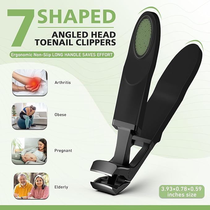 Baluca Angled Head Large Toe Nail Clippers for Men with Wide Jaw Opening, Sharp Heavy Duty Fingernail Clipper Cutter with Catcher - Black