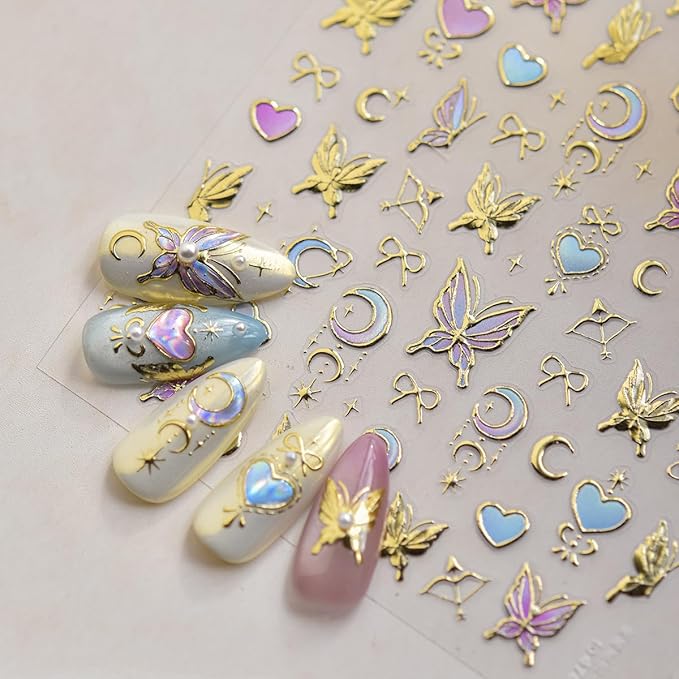 Butterfly Nail Art Stickers Decals 3D Gold Bronzing Nail Stickers Laser Star Moon Luxury Nail Design Self-Adhesive Nail Decals Manicure Sliders for Women Girls DIY Nail Art Decorations Supplies