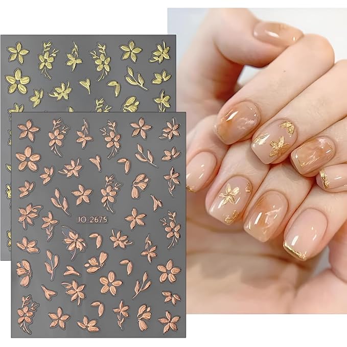 12 Sheets Flower Nail Art Stickers 3D Self Adhesive Gold Nail Decals Summer Spring Nail Stickers for Nail Art Design Flower Nails Supplies for DIY Acrylic Nails for Women Girls