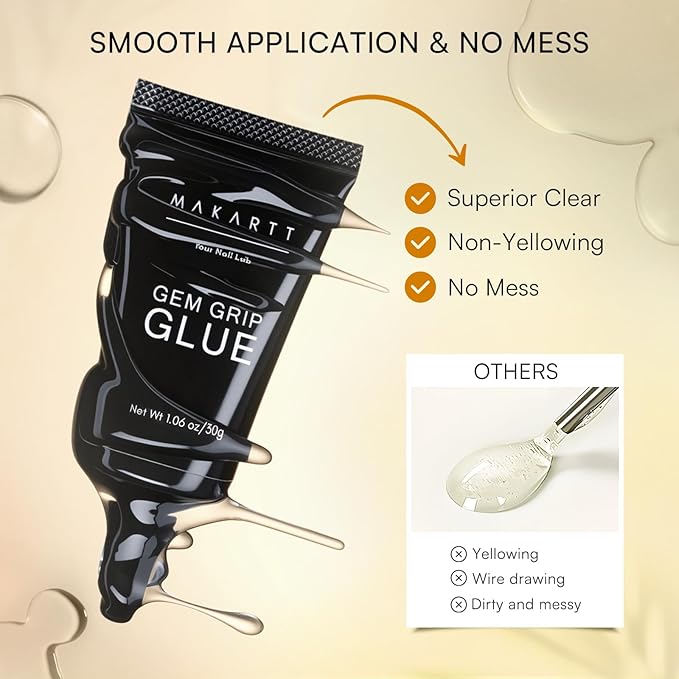 Makartt Nail Rhinestone Glue Gel Set: 60g 3D Super Strong No Wipe Nail Glue for Charms Gems Crystals Beads Decorations DIY Beginners & Salon UV Lamp Needed (2PCS Low & Medium Viscosity)