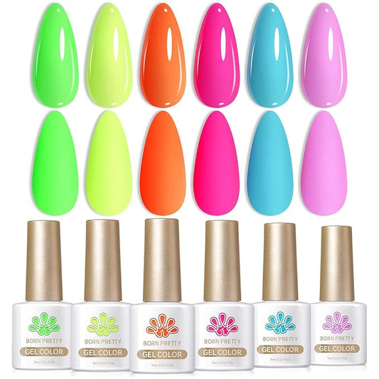 Born Pretty Gel Nail Polish Halloween Neon Fluorescent Orange Hot Pink Blue Yellow Green Purple Soak Off U V LED Gel Nail Polish Set Nails Art 7ml 6pcs