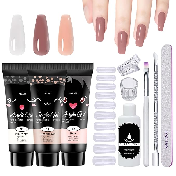 Poly Nail Gel Kit,10PCS Nude Poly gel Nail Kit Starter Kit,Kit De Poly gel Para Uñas Completo,with Slip Solution Dual Nail forms - Set B（Nude）