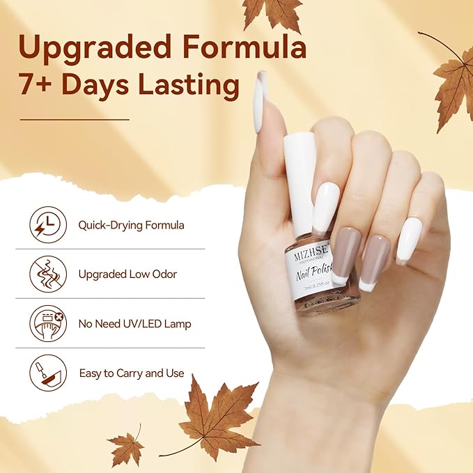 MIZHSE Quick Dry Brown Nail Polish, 6 Colors White Khaki Glitter Fall Winter Nail Polish Set Coffee Chocolate Collection Nail Lacquer Manicure DIY Nail Art Salon Home Gift for Women Girl