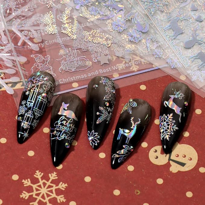 9 Sheets Aurora Christmas Nail Art Stickers Decals Self-Adhesive Pegatinas Uñas Glitter Rose Gold Snowflakes Winter Nail Supplies Nail Art Design Decoration Accessories