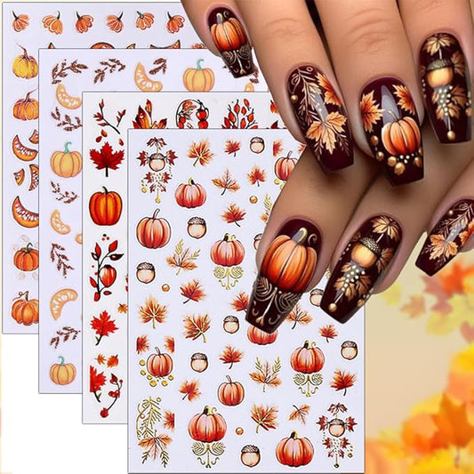 Fall Nail Stickers Thanksgiving Pumpkin Maple Leaf Nail Art Stickers Autumn Glitter Nail Decals Self Adhesive Design Sticker 3D Nail Art Supplies Nails Decoration for Women Manicure Accessories 4Pcs