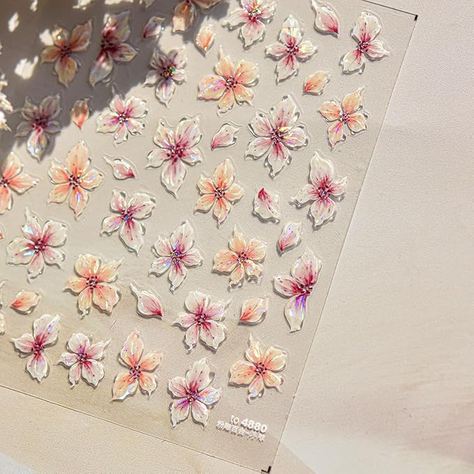 Flower Nail Stickers for Acrylic Self Adhesive 5D Embossed Flowers Nail Art Stickers Aurora Shell Pink Floral Sticker Flower Nails Decals Spring Summer Nail Supplies for Women Nail Decorations