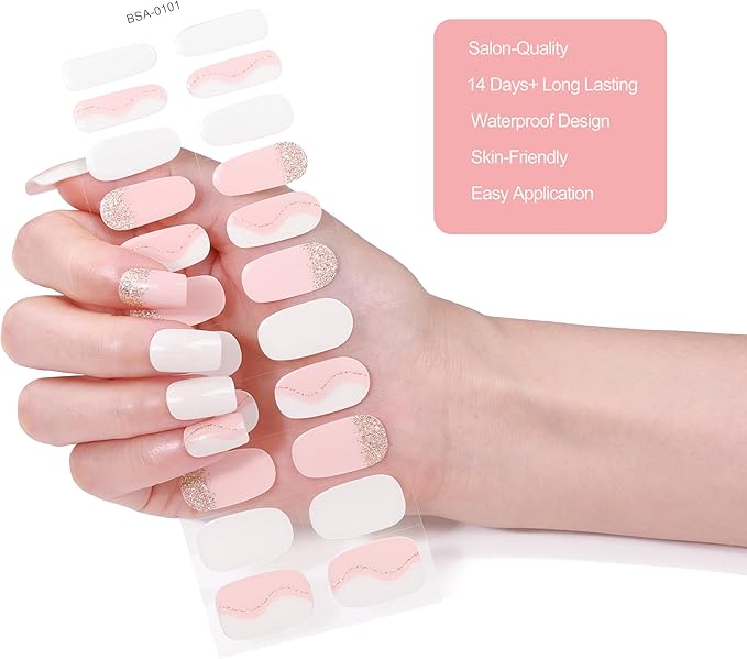 No Lamp Gel Nail Strips 22 Pcs Wraps - Pink White, Easy Apply Gel Nail Stickers Long Lasting, Salon-Quality, 2 Prep Pads, 1 File, 1 Wooden Stick