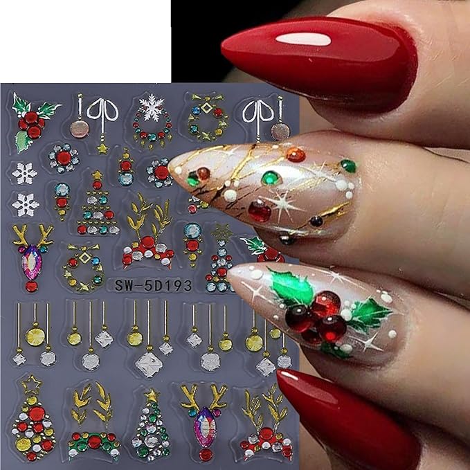 Christmas Nail Art Stickers 5D Relief Nail Decals Bow Nail Stickers for Nail Art Colorful Christmas Tree Heart Bow with Rhinestone Design Snowflake Nail Sticker for Women DIY Holiday Nails 3 Sheets