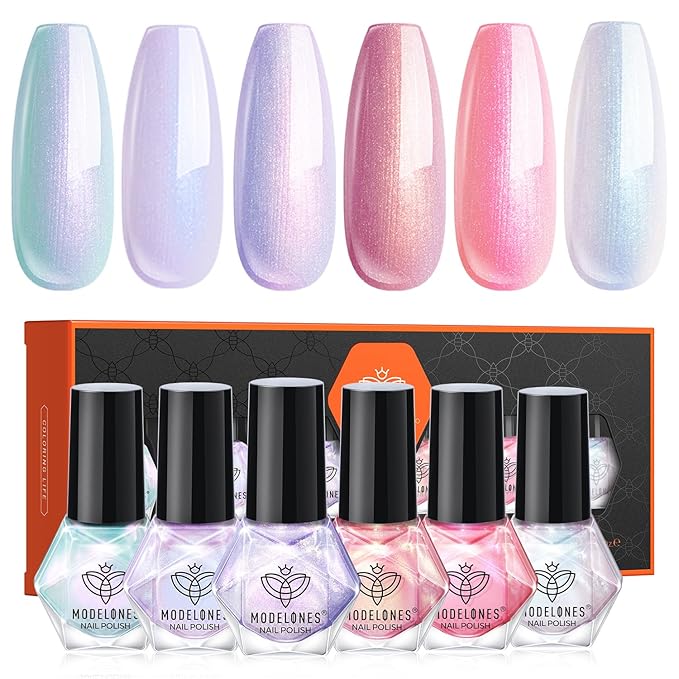 modelones Nail Polish Set, 6 Colors Chrome Pearl Shimmer Pink Purple White Aurora Iridescent Green Quick Dry Nail Polish Kit Gifts for Women 2025 Salon DIY Manicure Kit