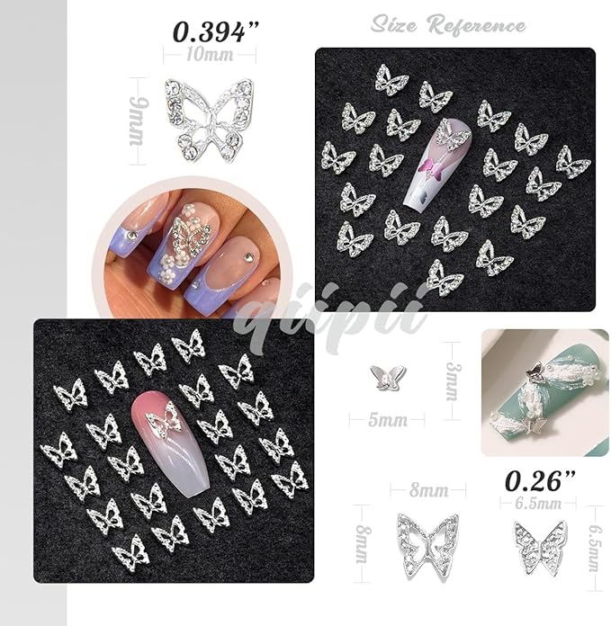 Silver Butterfly Nail Charms, 40pcs 3D Charms for Acrylic Nails, 20 Butterflies Rhinestones Gems +20 Alloy Studs, Art Jewels Diamonds Decor Supplies Nails DIY