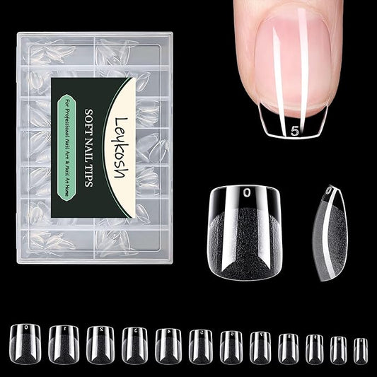 Extra Short Square Nail Tips, 216pcs Acrylic Soft Fake Nails Gel Nail Tips, Full Cover Pre-Shaped Matte Clear Press on Nails for Extension, Diy at Home Manicure 12 Sizes