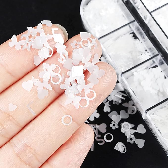 Holographic Glitter Nail Art Sequins - White Flakes Decorations With Love Heart Letters, Butterfly, Flowers, Stars, Circle Design Supplies for Women Girls Manicure DIY Resin Tips