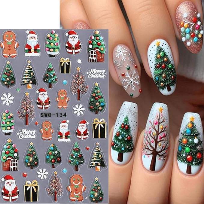 5Pcs Christmas Nail Stickers 5D Christmas Tree Snow Man Nail Decals DIY Self Adhesive Bow Light Cute Snowman Nail Design 3D Nail Decoration Supplies Holiday Manicure Accessories for Women Girls