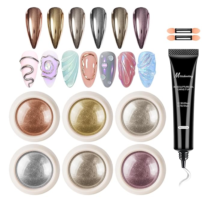 6PCS Chrome Nail Powder with 15ml 3D Nail Gel, Gold Sliver Rose Gold Champagne Rubbing Dust, Metallic Mirror Pigment Powder and Non-Sticky Sculpting Gel for DIY Nails Designs-A
