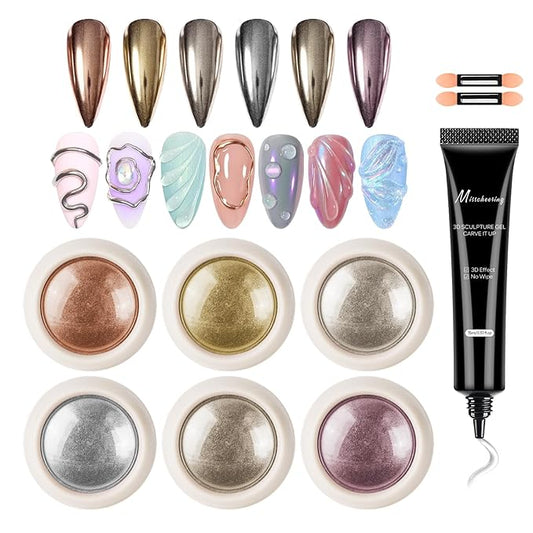 6PCS Chrome Nail Powder with 15ml 3D Nail Gel, Gold Sliver Rose Gold Champagne Rubbing Dust, Metallic Mirror Pigment Powder and Non-Sticky Sculpting Gel for DIY Nails Designs-A