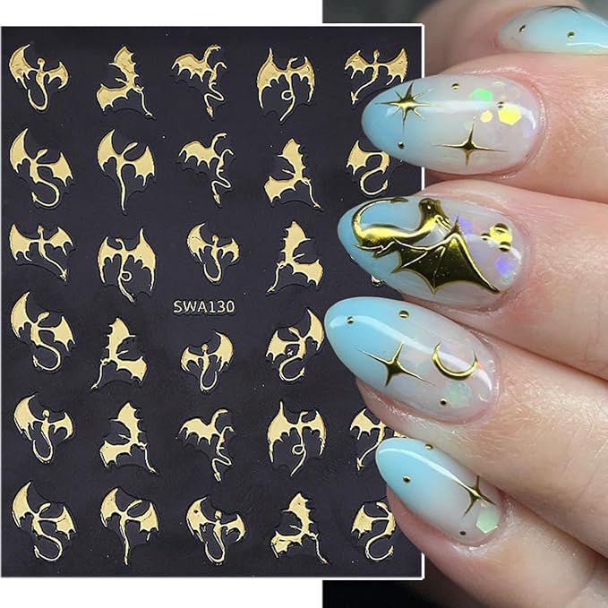 6Pcs Halloween Nail Art Stickers 3D Holographic Flying Dragon Nail Decals Self Adhesive Horror Bat Nail Stickers Laser Gold Silver Bat Dragon Design Halloween Nail Supplies for Women Holiday Manicure