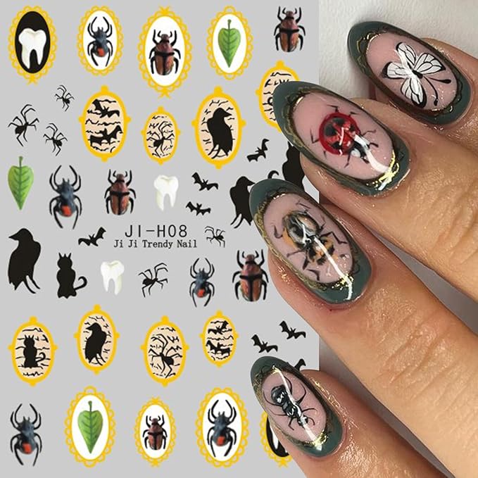 2Sheets Halloween Nail Art Stickers 3D Ghost Spider Nail Decals with Gold Edge Designs Nail Stickers Self Adhesive Bat Heart Nail Decal Black Cat Crow Nail Sticker for Women DIY Nails Decor Supplies