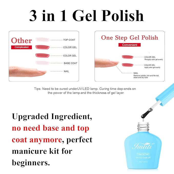 Imtiti Red Gel Polish, Bright Red Gel Polish 3 in 1 One Step Gel Polish Kit, Soak Off LED U V Gel Polish Nail Art Starter Manicure Salon for Women Girls 0.3 Fl Oz