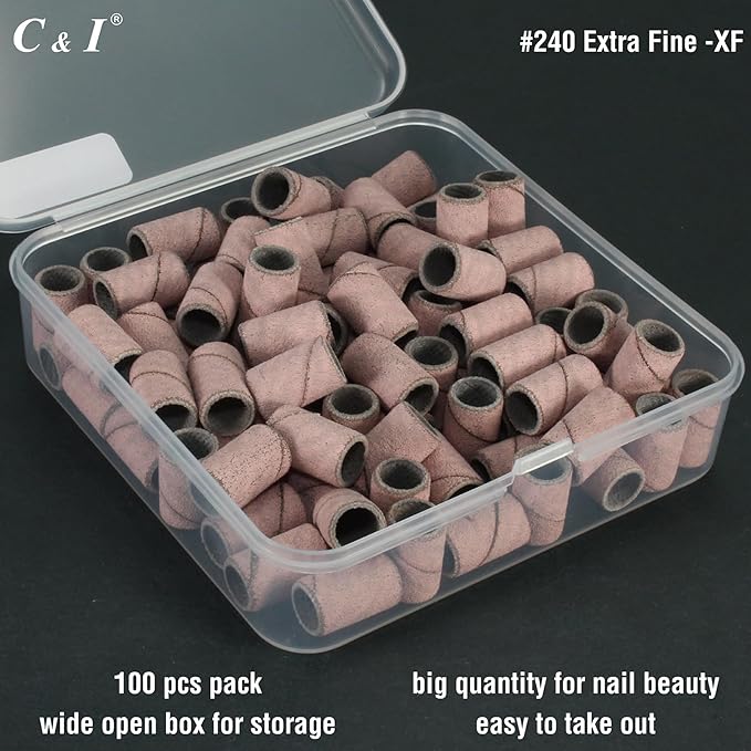 C & I Nail Sanding Bands 100 PCS Plus Upgrade Mandrel 1 PC, Nail Drill Bits for Acrylic Gel Nails Remove, Natural Nails Buffer for Nail Prep and Nail Shiner (Pink, #240 Extra Fine)
