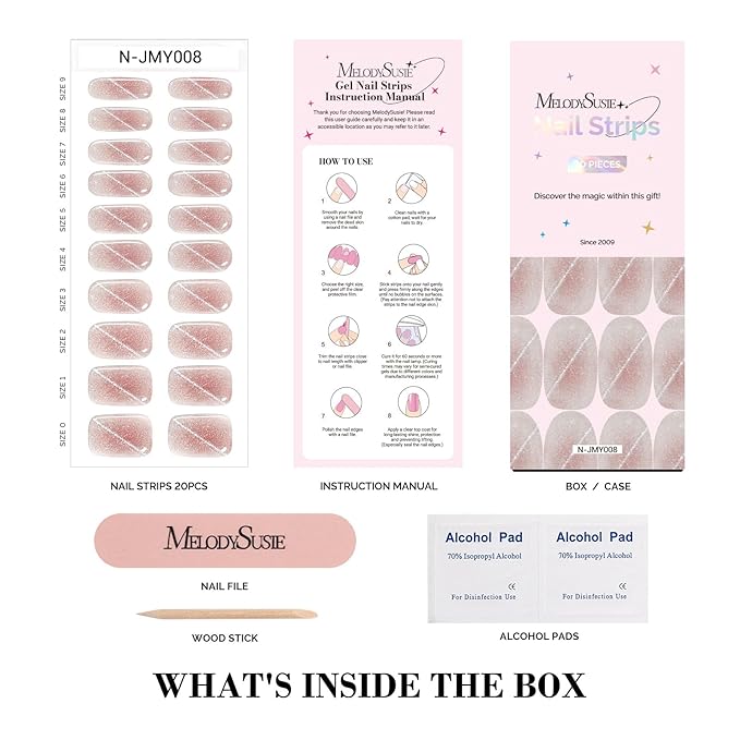 MelodySusie Semi Cured Gel Nail Strips (Blush Cat Eye)- Works with Nail lamp, Salon-Quality, Long Lasting, Easy to Apply & Remove - Includes 20Pcs, 2 Prep Pads, Nail File & Wooden Stick