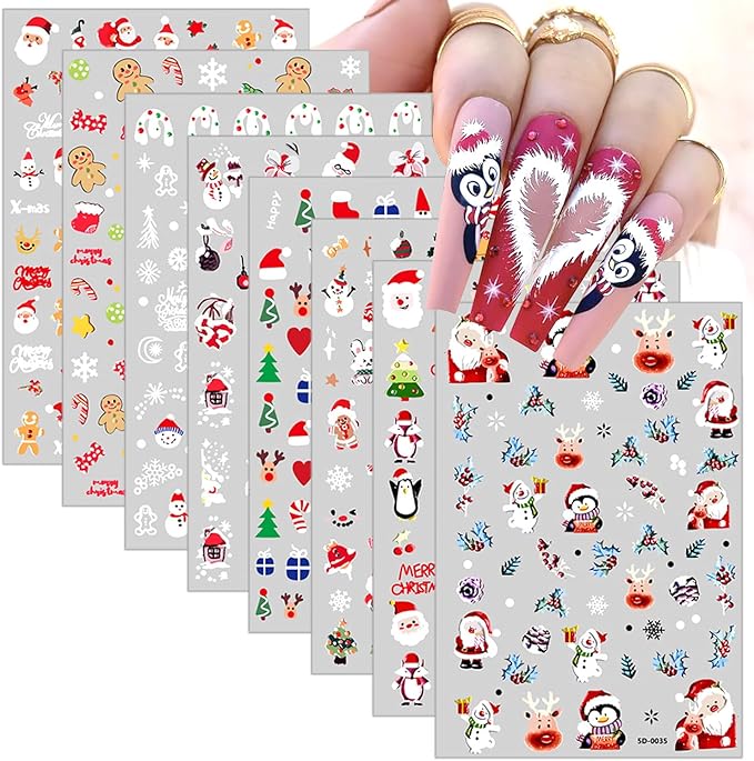 8 Sheets 3D Embossed Christmas Nail Stickers Self-Adhesive Santa Claus Decoration Reindeer Snowflake Gift Xmas Trees Decals Winter Acrylic Nail Art Supplies for Women