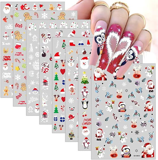 8 Sheets 3D Embossed Christmas Nail Stickers Self-Adhesive Santa Claus Decoration Reindeer Snowflake Gift Xmas Trees Decals Winter Acrylic Nail Art Supplies for Women