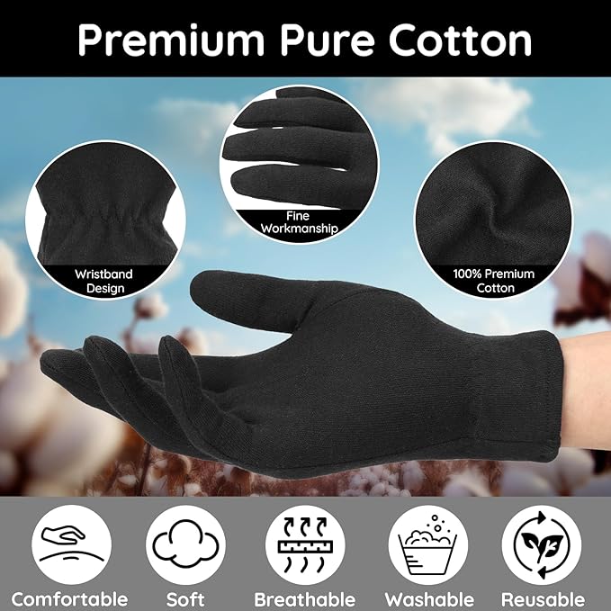 Segbeauty 12 Counts Elastic Black Cotton Gloves for Women, 6 Pairs Sleeping Moisturizing Cotton Gloves for Men with Elastic Band, Hand Spa Moisture Glove for Dry Hands Overnight, Sleep Lotion Glove