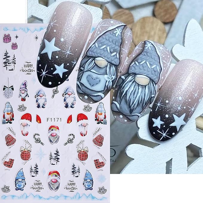 5pcs/Set Christmas Nail Stickers Santa Claus Tree Bell Deer Snowflake Snow Candy Cartoon Elk Nail Art Design 3D Adhesive Nail Stickers for Winter New Year Sliders Decals Manicure Supplies Decoration