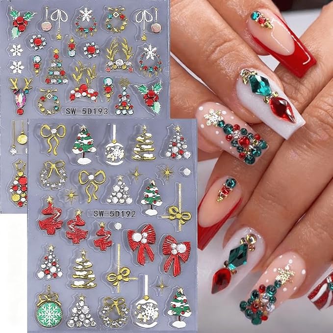Christmas Nail Stickers Red Bow Glitter Diamond Sticker Decals DIY Self Adhesive Gold Christmas Tree Lights Snowflake Design Nail Decoration Supplies Holiday Manicure Accessories for Women Girls 3Pcs