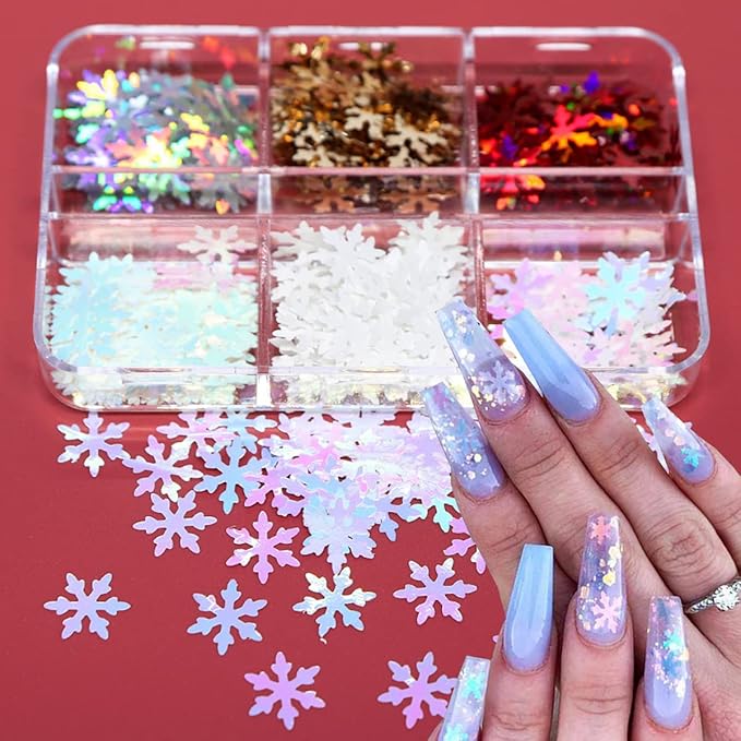 6 Grids Snowflake Nail Art Stickers Decals 3D Snowflake Nail Glitter Sequins Holographic Laser White Red Gold Silver Snowflake Glitter Flakes Winter Christmas Snow Nail Art Glitter Decoration