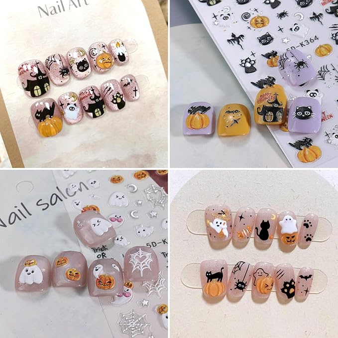 2Sheets Halloween Nail Art Stickers 5D Embossed Black Cat Spider Nail Decals for Acrylic Nails Self-Adhesive Cute Ghost Pumpkin Designs Nail Sticker Spider Web Skull Nail Decal for Women Nails Decor