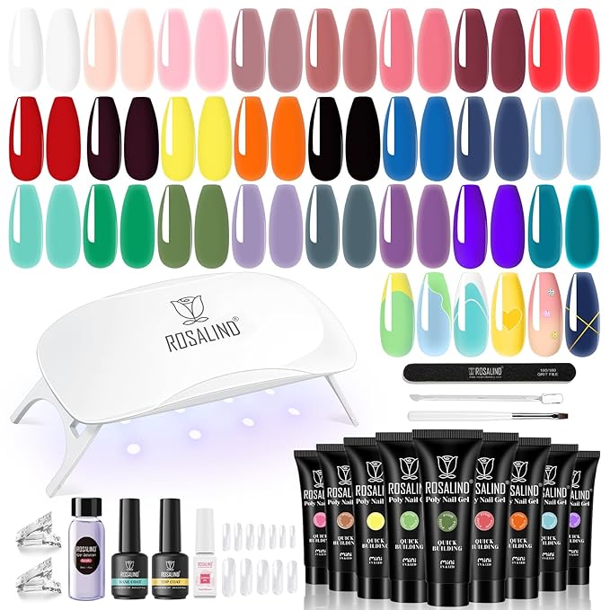 ROSALIND Poly Nail Gel Kit -24 Colors with Accessories Neon Poly Nails Gel Starter Kit with Slip Solution Mini UV Lamp Base Top Coat, Halloween All Seasons Classic Colors Poly Extension Gels Nails Kit