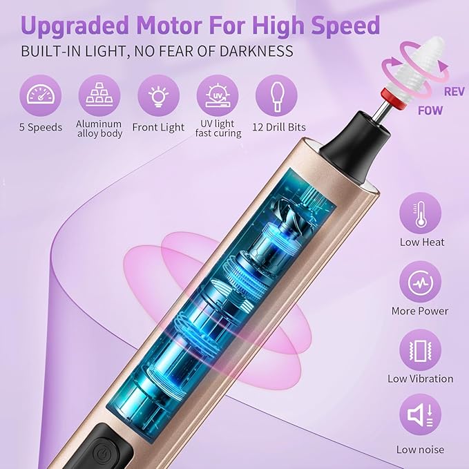 Cordless Nail Drill Electric Nail File with UV Lamp:Professional for Acrylic Gel Dip Powder Nails Portable Nail Kit Machine Tools for Women Girl Manicure Pedicure Set Rechargeable Lightweight
