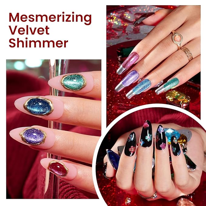 Beetles Cat Eye Gel Nail Polish Set, 6 Colors Glitter Red Pink Shiny Brown Burgundy Purple Blue Green Magnetic Effect Sparkle Stunning Nail Gel Polish Kit Soak Off UV Manicure Gifts for Women