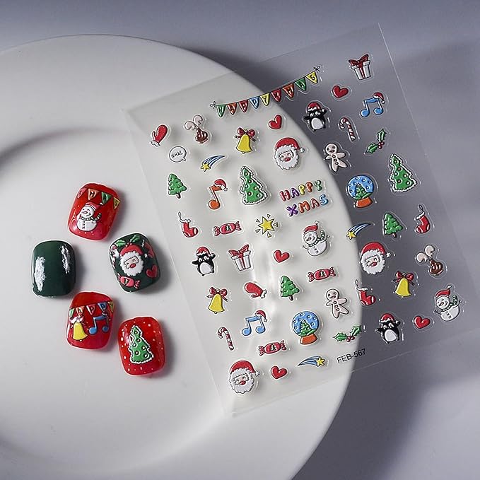 Christmas Nail Stickers for Nail Art - 5D Embossed Nail Decals Santa Claus Gift Nail Art Stickers Self-Adhesive Nail Supplies for Women Winter Xmas Holiday Manicure DIY Nails Decoration