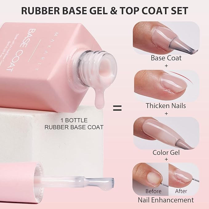 Makartt Rubber Base and Top Coat Gel Nail Polish Set: Includes Pale Petal Base Gel Polish and Long-Lasting Clear No Wipe Top Coat UV LED Lamp Needed (2PCS x 8ML)