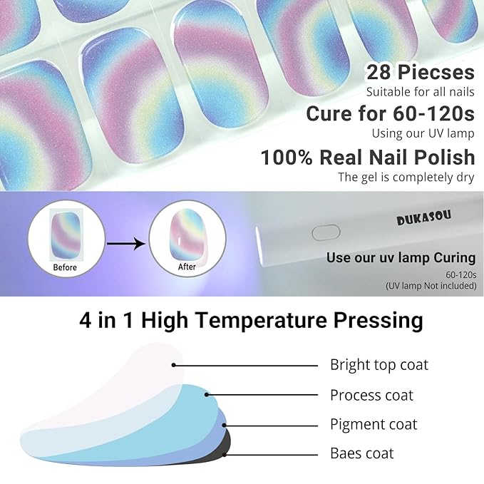 Semi Cured Gel Nail Strips, Colorful | 28 pcs Gel Nail Strips Work with Any UV Lamp, Salon Quality UV Nails Stickers, Easy to Apply for Home Nails DIY