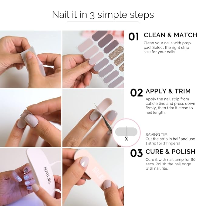 NAILOG Semi Cured Gel Nail Strips for Valentine's Day (20 Extra Long Stickers/Wraps) | Buy 2 Get 1 UV Lamp| Glossy & Long Lasting Soft Gel Finishing, Pink Gaze