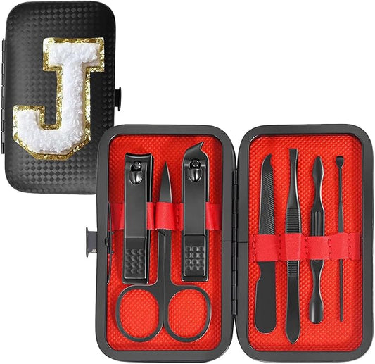 Manicure Set 7 PCS Nail Clippers Kit, Bafezoze Mens Grooming Kit, Initial Christmas Stocking Stuffers for Men Boys Letter J