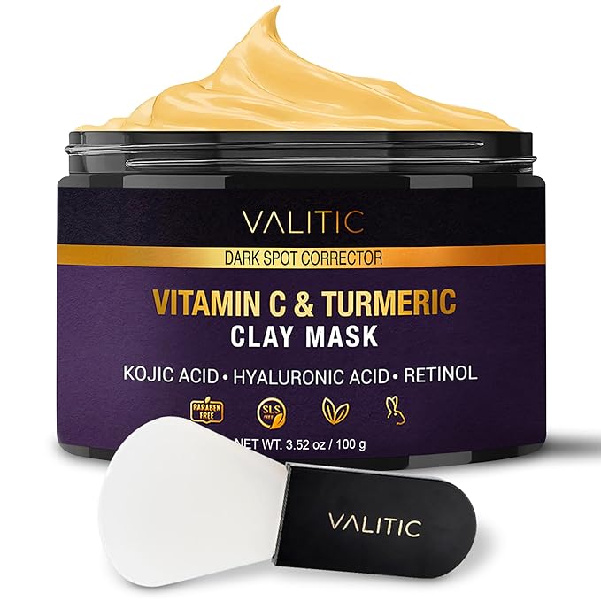 VALITIC Vitamin C & Turmeric Clay Mask - Dark Spot Corrector with Kojic Acid, Hyaluronic Acid & Retinol - Skin Care Routine for Minimizing Pores & Blackheads - with Applicator Brush - 100g