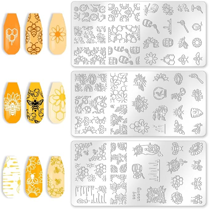 3Pcs Bee Nail Stamping Plate Flowers Honeycomb Nail Art Stamp Templates Stainless Steel Reusable Tools with Stamper Scraper for Manicure Printing
