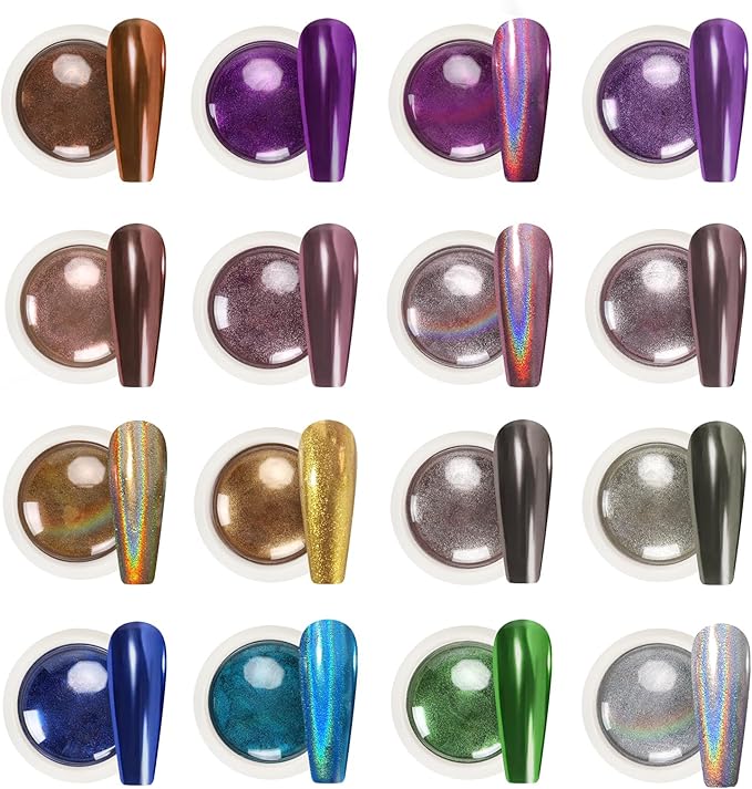 16 Colors Mirror Chrome Nail Powder Set Mirror Effect Holographic Chameleon Pigment Chrome Iridescent Pearlescent Powder for Nail Art Decoration Glitter