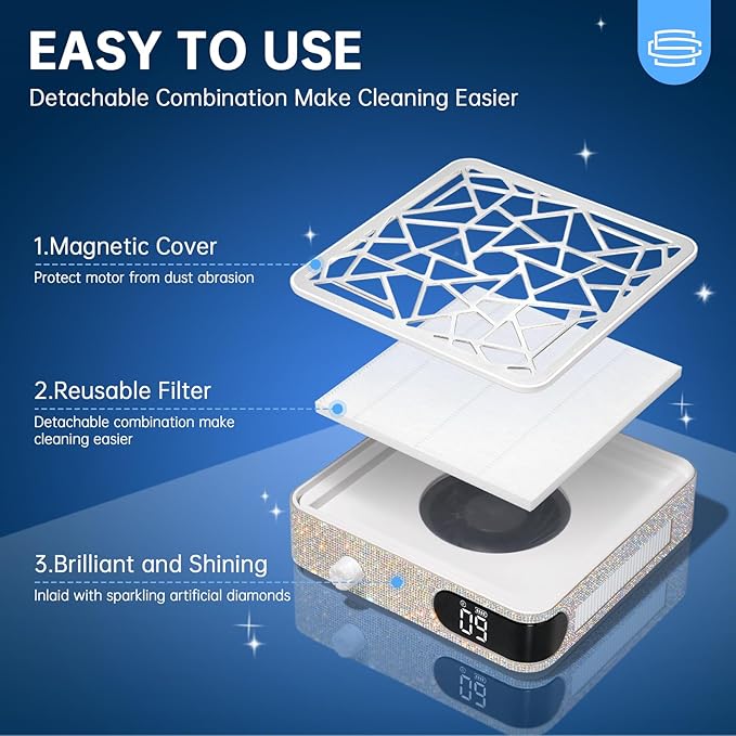 Nail Dust Collector, Powerful Vacuum Fan Vent Dust Collector Extractor Dust Suction Machine for Acrylic Nails Polishing, Nail Salon&Home, AB Diamond