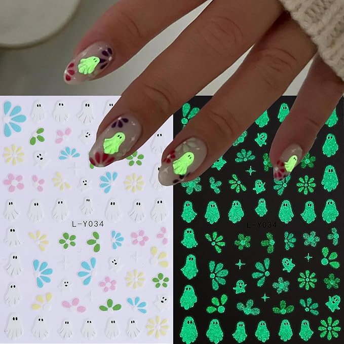 Halloween Luminous Nail Art Stickers Glow in The Dark Nail Stickers 5PCS Skulls Ghosts Pumpkin Design Nail Decals Nail Art Supplies Spider Web Bat Flower Halloween Stickers for Women Nail Decorations